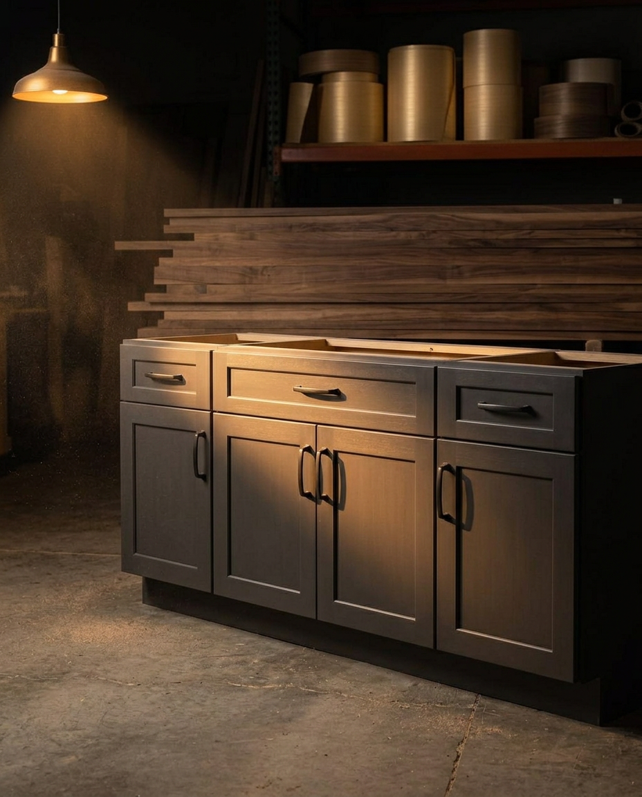 Hand built charcoal shaker kitchen base cabinets in a Petawawa woodworking shop
